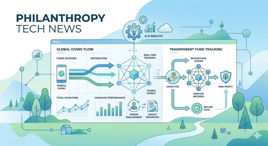Philanthropy tech news dashboard showing digital donations, AI insights, blockchain tracking, and transparent fund flow in a clean modern interface