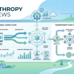 Philanthropy tech news dashboard showing digital donations, AI insights, blockchain tracking, and transparent fund flow in a clean modern interface