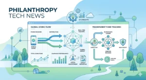 Philanthropy tech news dashboard showing digital donations, AI insights, blockchain tracking, and transparent fund flow in a clean modern interface