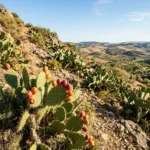 Chumba cacti Spain growing on a rocky Mediterranean hillside with ripe cactus fruits under warm sunlight in a professional landscape view.