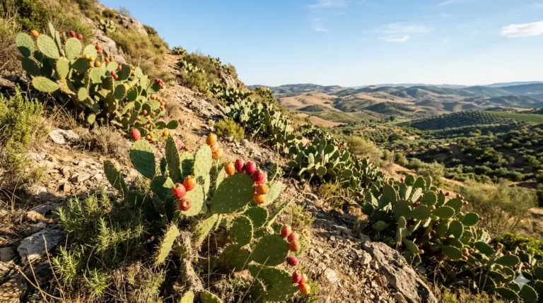 Chumba cacti Spain growing on a rocky Mediterranean hillside with ripe cactus fruits under warm sunlight in a professional landscape view.