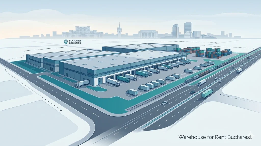 Modern logistics warehouse in Bucharest with loading docks, trucks, and organized storage containers in a clean industrial setting