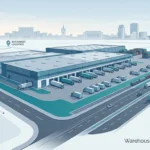 Modern logistics warehouse in Bucharest with loading docks, trucks, and organized storage containers in a clean industrial setting