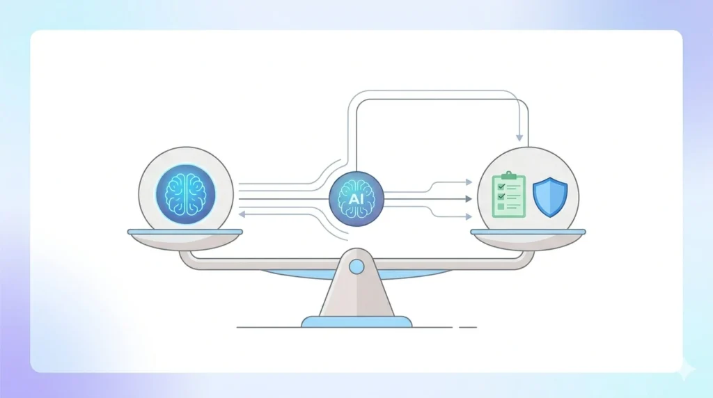 Here are SEO-friendly, clear alternative texts for your images:

### **Image 1 (Professional)**

AI governance concept showing a glowing neural network connected to control systems, checklists, and decision pathways in a clean digital environment

---

### **Image 2 (Simple)**

Minimal illustration of AI and governance balance using a scale with a brain icon and checklist, representing control and decision making
