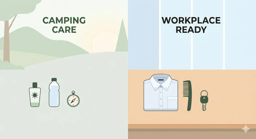 Minimal comparison of camping basics and workplace styling items with simple icons showing outdoor freshness and clean work-ready look
