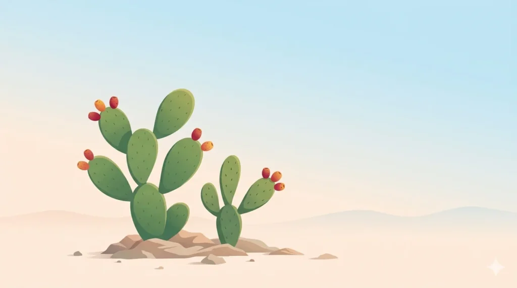 Simple chumba cacti Spain plant in a clean Spanish landscape with minimal design, showing cactus paddles and fruits in a calm natural setting.