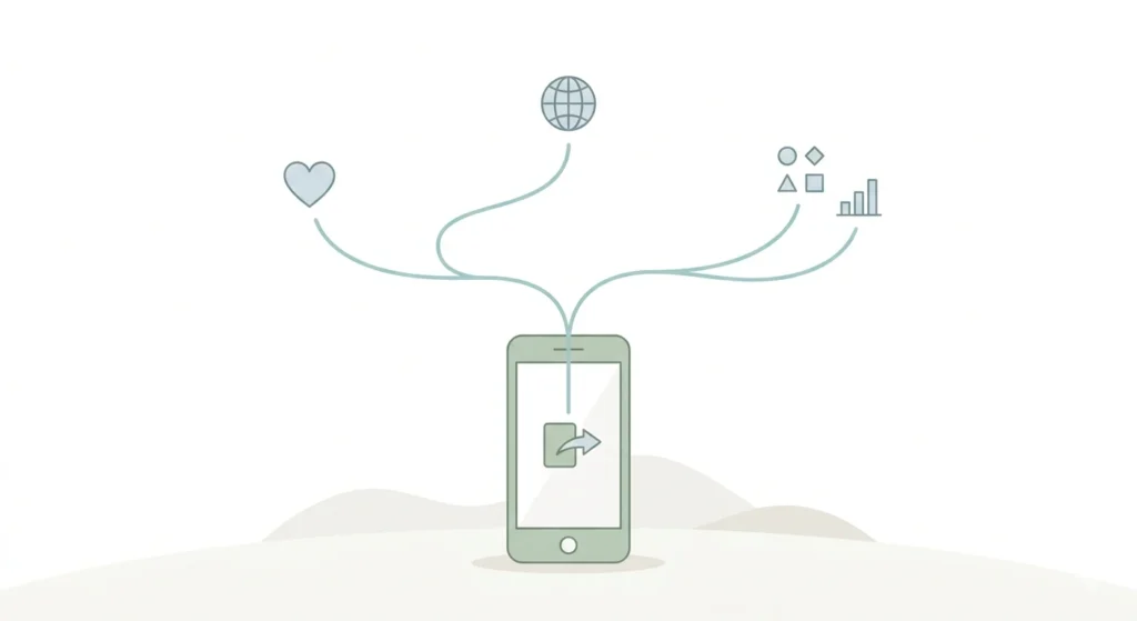 Minimal illustration of mobile giving with a smartphone connected to donation, global impact, and data icons in a simple modern design