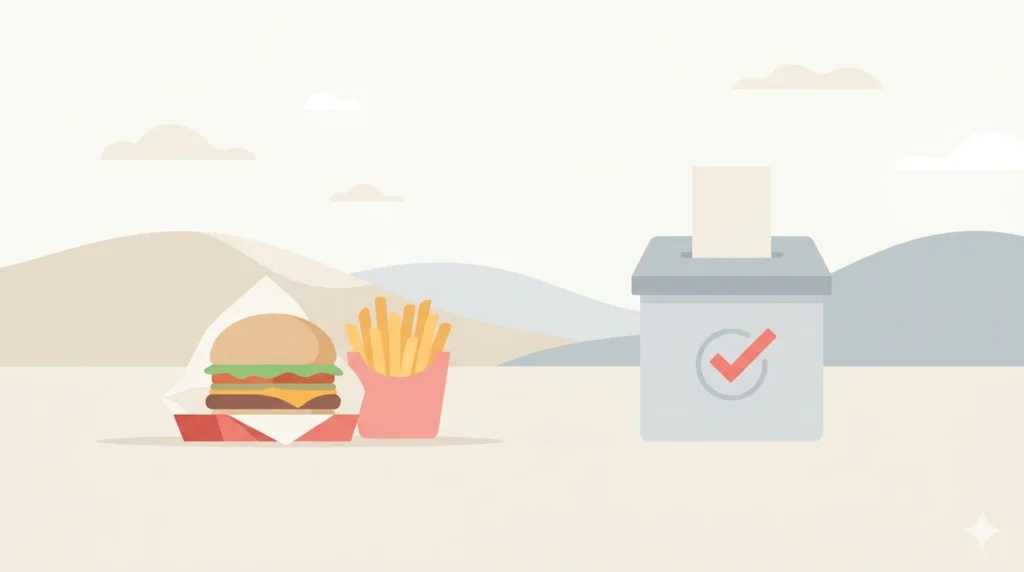 Simple illustration of burger and fries next to ballot box with checkmark representing everyday lifestyle and voting connection in politics
