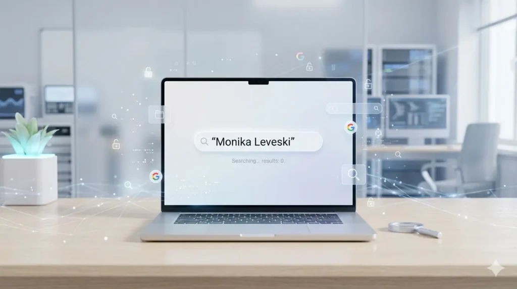 Modern digital search interface showing the query “Monika Leveski” on a laptop screen with abstract data and search icons representing online mystery and research concept.
