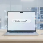 Modern digital search interface showing the query “Monika Leveski” on a laptop screen with abstract data and search icons representing online mystery and research concept.