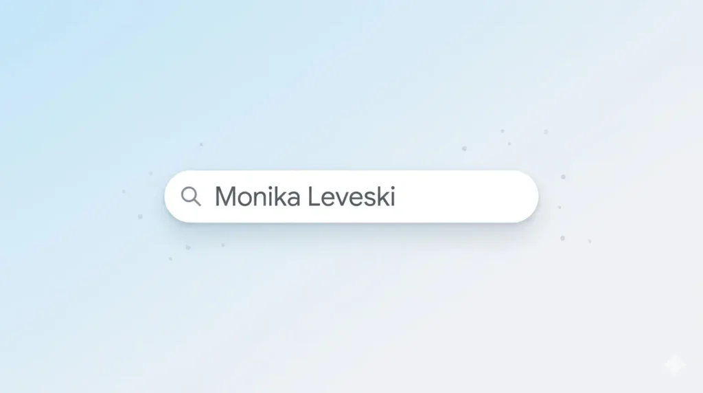 Minimalist search bar illustration with the text “Monika Leveski” on a clean background, representing simple online search and curiosity-driven inquiry.