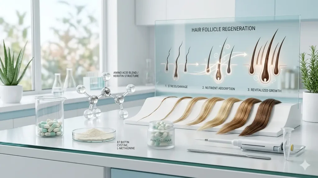 Pantagonar hair health concept showing vitamins, capsules, and hair follicle improvement in a professional medical background representing Pantagonar benefits for stronger hair growth