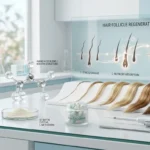 Pantagonar hair health concept showing vitamins, capsules, and hair follicle improvement in a professional medical background representing Pantagonar benefits for stronger hair growth