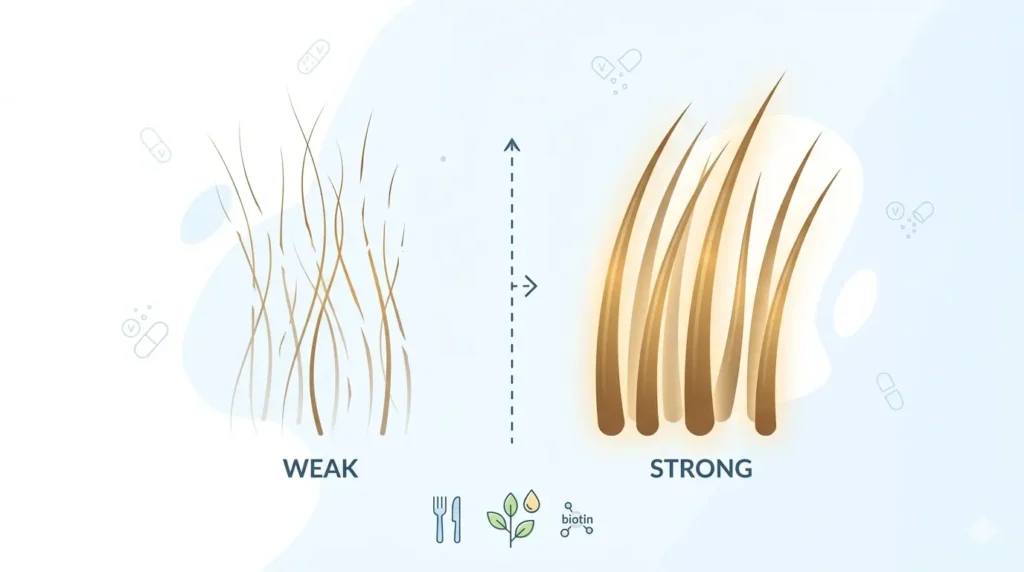 Simple illustration of Pantagonar showing weak to strong hair transformation with vitamins support, representing Pantagonar for hair strength and reduced hair fall in a clean minimal design