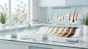 Pantagonar hair health concept showing vitamins, capsules, and hair follicle improvement in a professional medical background representing Pantagonar benefits for stronger hair growth