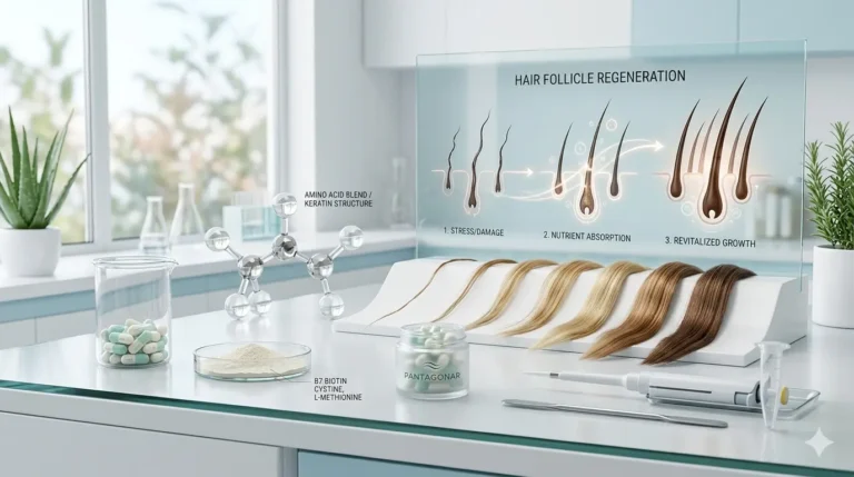 Pantagonar hair health concept showing vitamins, capsules, and hair follicle improvement in a professional medical background representing Pantagonar benefits for stronger hair growth