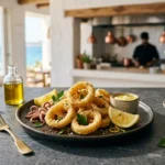 Calamariere, A premium Mediterranean-style plated calamari dish with lemon garnish on a dark stone table, styled as a modern seafood restaurant presentation with soft blurred background.