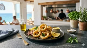Calamariere, A premium Mediterranean-style plated calamari dish with lemon garnish on a dark stone table, styled as a modern seafood restaurant presentation with soft blurred background.