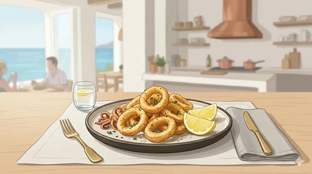 Calamariere , A minimal plate of fried calamari rings with a lemon wedge on a clean light background, designed in a simple and modern food photography style.