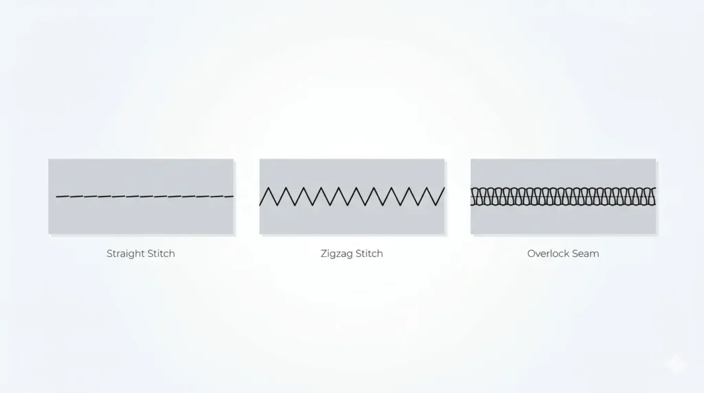 Simple illustration of Nahttypen with basic seam types like straight stitch, zigzag, and overlock on minimal fabric strips
