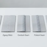 Nahttypen overview showing different seam types on fabric including straight stitch, zigzag, overlock, flatlock, and flat-felled seams in a clean layout
