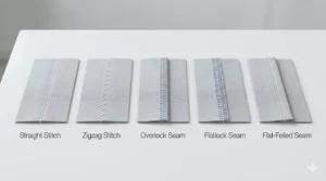 Nahttypen overview showing different seam types on fabric including straight stitch, zigzag, overlock, flatlock, and flat-felled seams in a clean layout