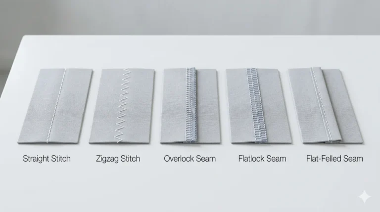 Nahttypen overview showing different seam types on fabric including straight stitch, zigzag, overlock, flatlock, and flat-felled seams in a clean layout
