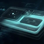 A futuristic abstract workspace design representing the concept of Schedow with layered shadow effects, glowing UI elements, and modern digital branding visuals in a dark neon theme.