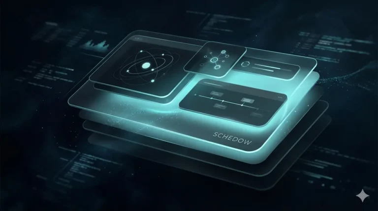 A futuristic abstract workspace design representing the concept of Schedow with layered shadow effects, glowing UI elements, and modern digital branding visuals in a dark neon theme.