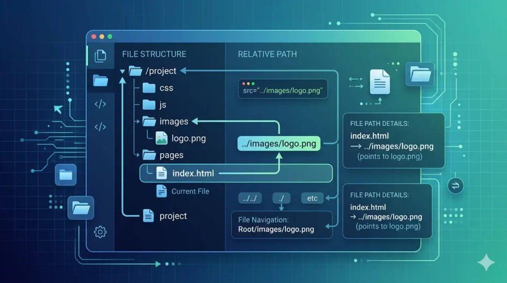 A professional tech illustration explaining soutaipasu (relative path) using a detailed file system layout with folders and directional arrows showing navigation between directories in a coding environment.