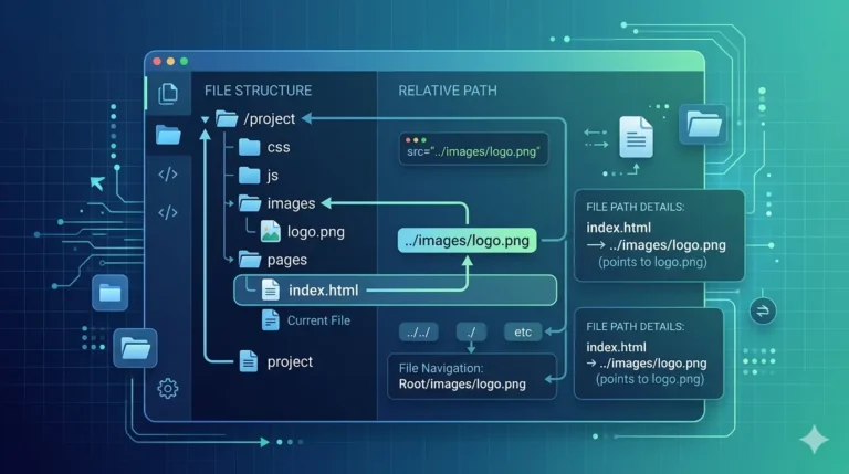 A professional tech illustration explaining soutaipasu (relative path) using a detailed file system layout with folders and directional arrows showing navigation between directories in a coding environment.