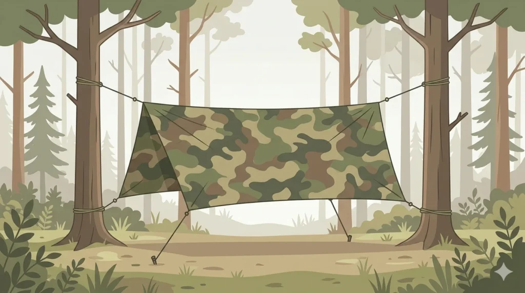 Minimal tarnplanen camouflage tarp tied between two trees in a simple forest setting, highlighting basic outdoor shelter use in a clean and clear composition.