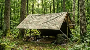 Camouflaged tarnplanen tarp stretched as a forest shelter between trees, showing a realistic outdoor survival setup with ropes and natural woodland background.