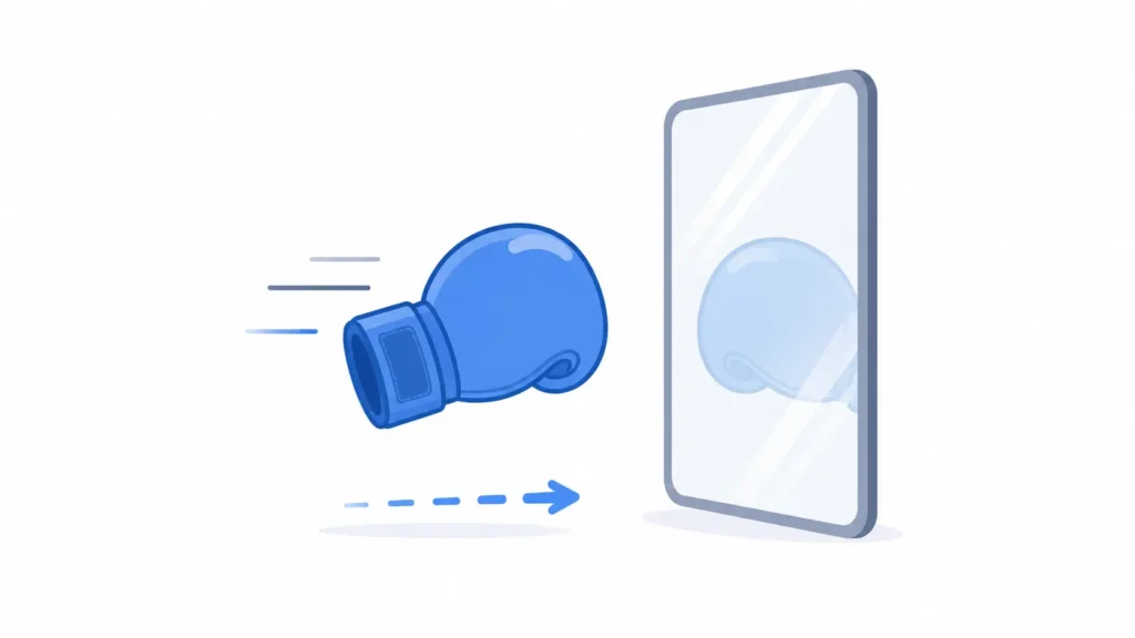 Simple minimalist illustration of a blue boxing glove facing a mirror with motion lines and a small footwork arrow, representing shadow boxing practice for beginners.