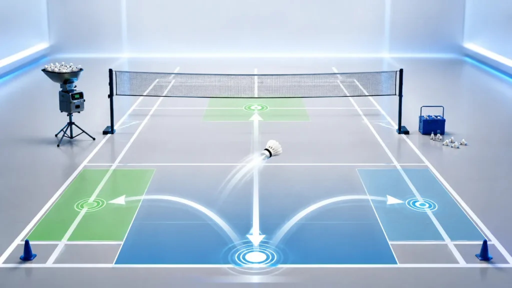A modern badminton training illustration showing a court divided into zones with highlighted reaction paths. A shuttlecock is in mid-air with motion blur, and directional arrows indicate fast movement patterns across the court, representing reaction speed drills and agility training.