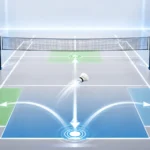 A modern badminton training illustration showing a court divided into zones with highlighted reaction paths. A shuttlecock is in mid-air with motion blur, and directional arrows indicate fast movement patterns across the court, representing reaction speed drills and agility training.
