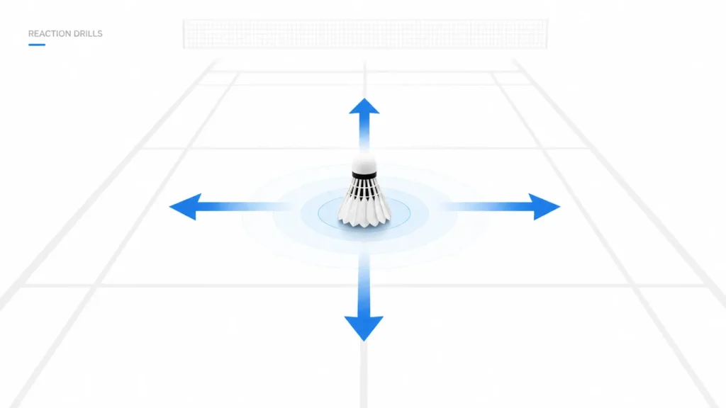 Minimal badminton reaction drill diagram with a central shuttlecock surrounded by four directional arrows (left, right, forward, backward) on a soft abstract court background, representing quick decision-making and reaction movement training.
