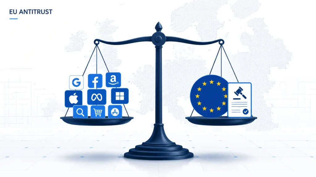 EU antitrust tech news today, Minimal professional illustration showing a digital balance scale comparing large tech platform icons with European Union antitrust regulation symbols on a clean white background.