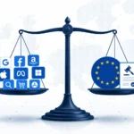 EU antitrust tech news today, Minimal professional illustration showing a digital balance scale comparing large tech platform icons with European Union antitrust regulation symbols on a clean white background.