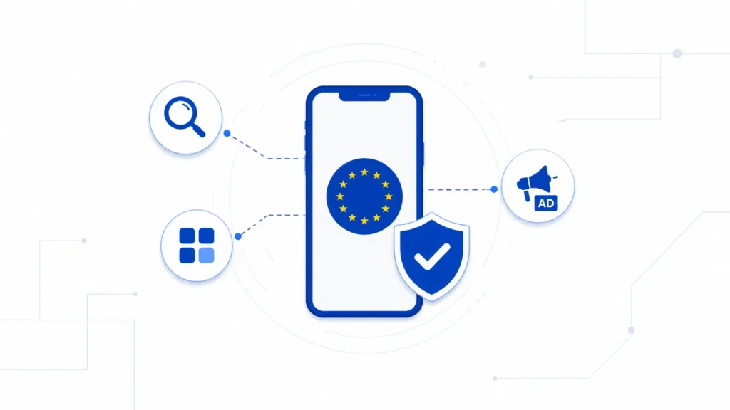 EU antitrust tech news today, Simple minimalist illustration of a blue smartphone with EU regulation shield icon connected to search, app, and advertising symbols on a white background.