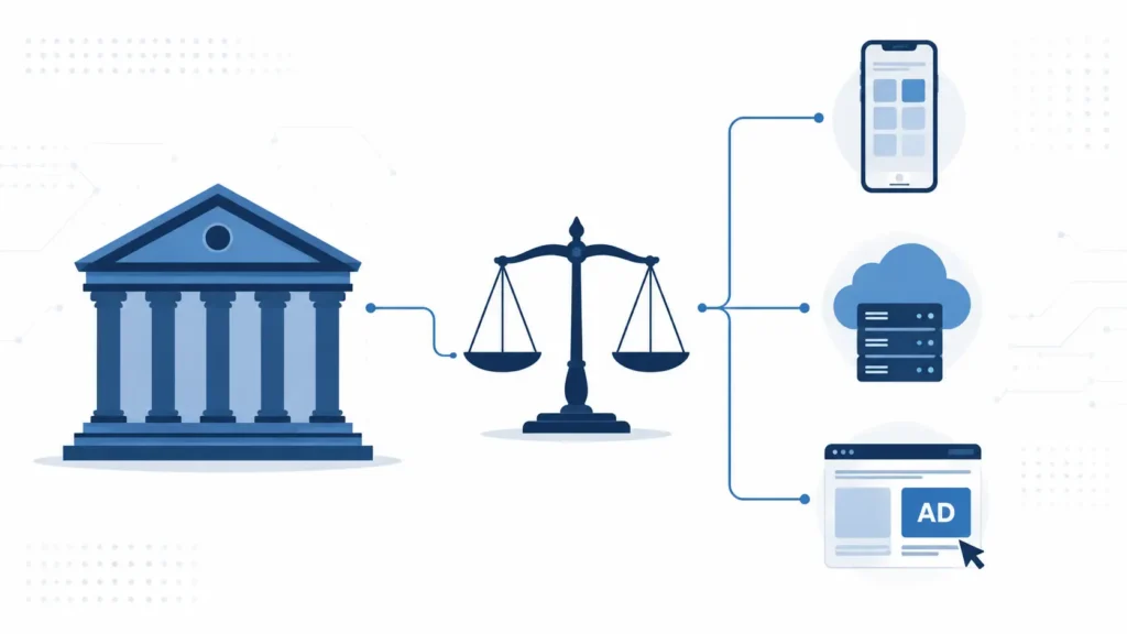 ftc doj antitrust tech news today , Minimalist illustration showing a blue courthouse connected to a central justice scale and tech icons including a smartphone, cloud server, and digital ad panel, representing FTC DOJ antitrust regulation of big tech and digital markets.