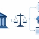 ftc doj antitrust tech news today , Minimalist illustration showing a blue courthouse connected to a central justice scale and tech icons including a smartphone, cloud server, and digital ad panel, representing FTC DOJ antitrust regulation of big tech and digital markets.