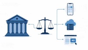 ftc doj antitrust tech news today , Minimalist illustration showing a blue courthouse connected to a central justice scale and tech icons including a smartphone, cloud server, and digital ad panel, representing FTC DOJ antitrust regulation of big tech and digital markets.