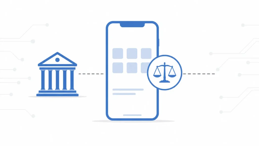 ftc doj antitrust tech news today
, Clean minimalist illustration of a blue smartphone beside a courthouse icon with a thin regulation line between them, symbolizing government oversight and antitrust enforcement in the tech industry.