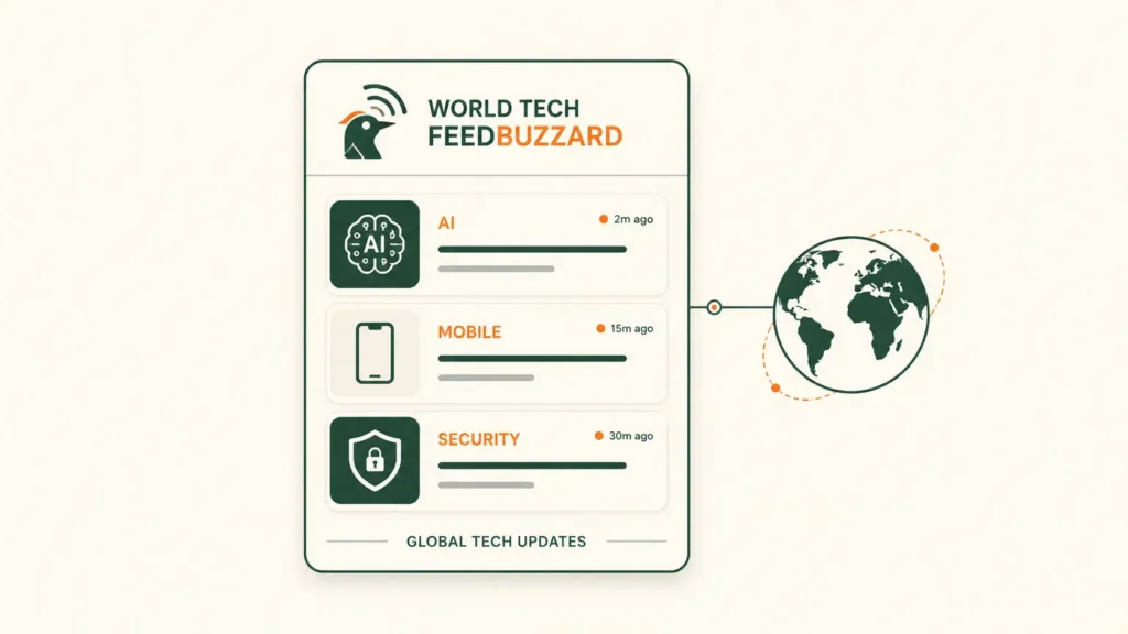 World Tech Feedbuzzard,  
Minimal editorial-style illustration showing a centered digital tech news feed panel with three stacked update cards for AI, mobile, and security topics. A simple globe icon connected by a thin line represents worldwide technology updates. The design uses dark green outlines with soft orange highlights on a warm beige background, creating a clean and spacious modern tech news concept.