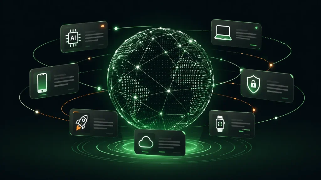 World Tech Feedbuzzard, **Alt Text:** Futuristic digital illustration of a global tech network featuring a glowing wireframe globe at the center, surrounded by floating news-style data panels representing AI, apps, gadgets, and cybersecurity updates on a dark green-black gradient background.