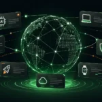 World Tech Feedbuzzard, **Alt Text:** Futuristic digital illustration of a global tech network featuring a glowing wireframe globe at the center, surrounded by floating news-style data panels representing AI, apps, gadgets, and cybersecurity updates on a dark green-black gradient background.