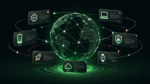 World Tech Feedbuzzard, **Alt Text:** Futuristic digital illustration of a global tech network featuring a glowing wireframe globe at the center, surrounded by floating news-style data panels representing AI, apps, gadgets, and cybersecurity updates on a dark green-black gradient background.