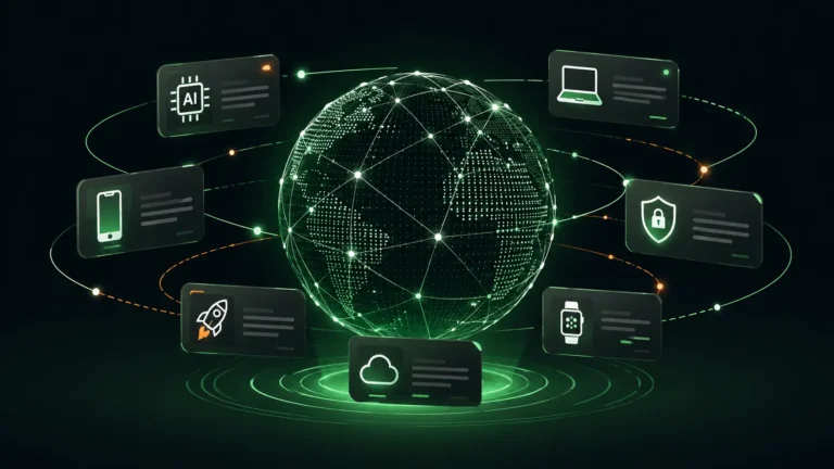 World Tech Feedbuzzard, **Alt Text:** Futuristic digital illustration of a global tech network featuring a glowing wireframe globe at the center, surrounded by floating news-style data panels representing AI, apps, gadgets, and cybersecurity updates on a dark green-black gradient background.