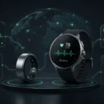 Wearable Tech Feedbuzzard illustration showing a modern smartwatch and smart ring connected with glowing health-tracking interfaces, including heart rate, sleep monitoring, AI assistant signals, and fitness analytics on a dark futuristic background.